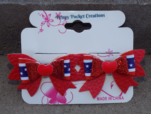 Patriotic Synthetic Leather Hair Bows Sm/Md 4 Layer Double Bow w/ Tails