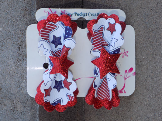 Patriotic Synthetic Leather Hair Bows Med Oval Scallop 2-Layer Red Glitter Star