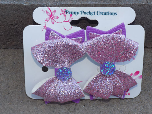 Large Triplet Sparkly Leather Hair Bows 3-Layer, Multiple Color Options