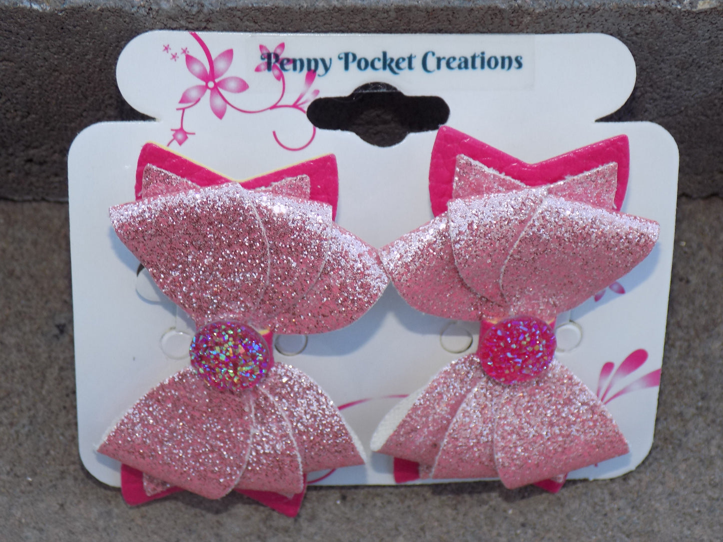 Large Triplet Sparkly Leather Hair Bows 3-Layer, Multiple Color Options