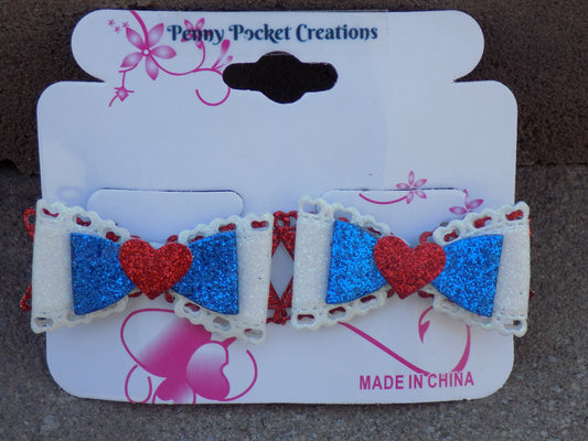 Patriotic Synthetic Leather Hair Bows Small 3-Layer Lace-Ege Glitter Red/Wht/Blue