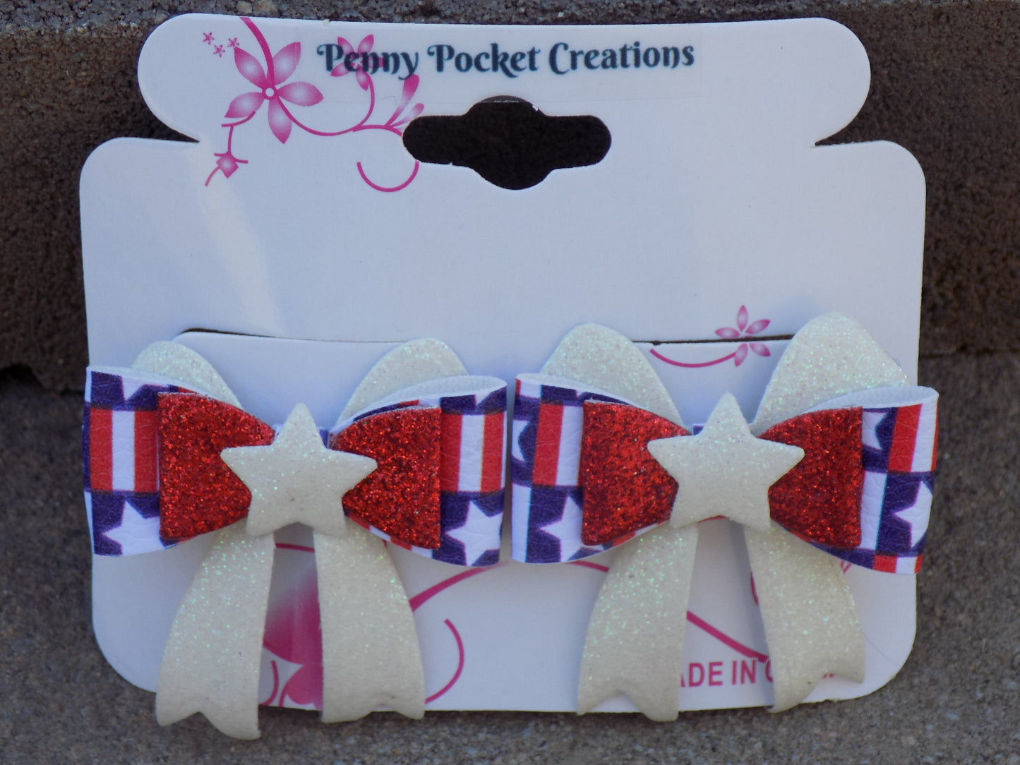 Patriotic Synthetic Leather Hair Bows Small 4-Layer with Tails Block & Glitter Star