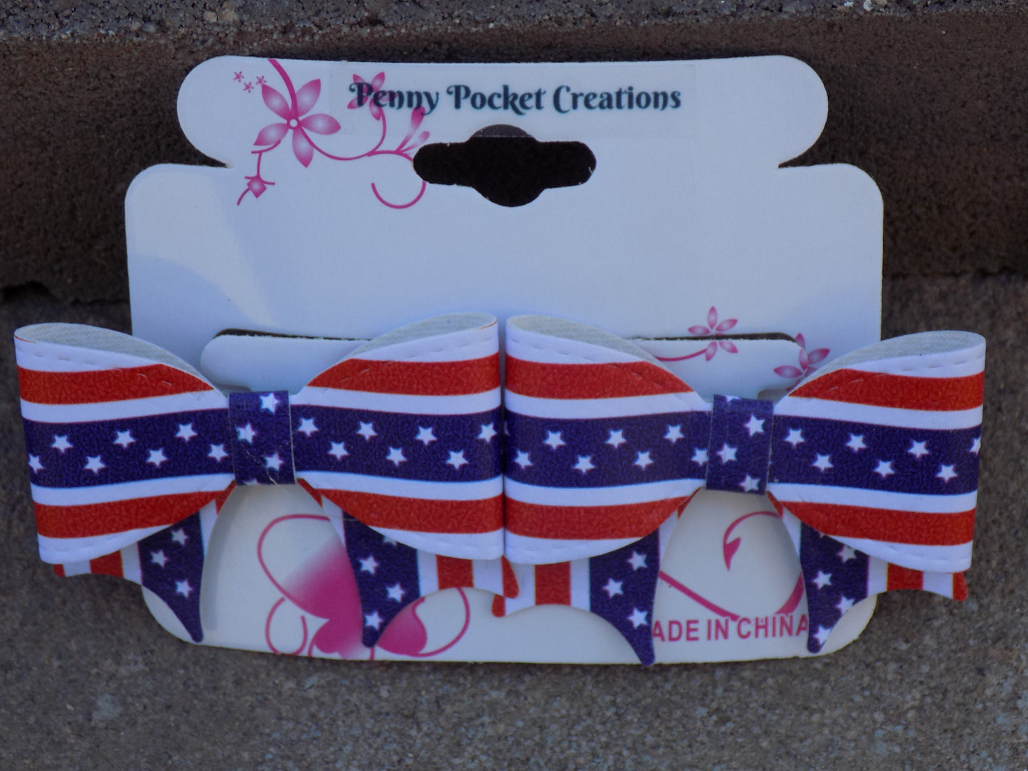 Patriotic Synthetic Leather Hair Bow, Med Simple Short Wide Tails