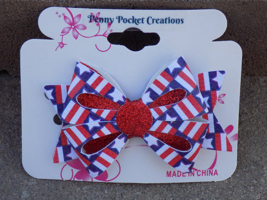 Patriotic Synthetic Leather Hair Bows 2-Layer Quad Teardrop Cutout Siingle