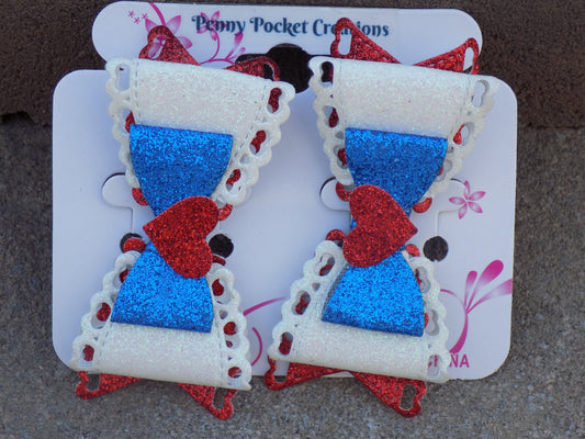 Patriotic Synthetic Leather Hair Bows 3-Layer Lace-Edge Glitter Red White Bllue