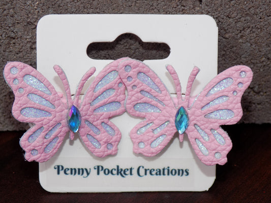 Synthetic Leather Small Butterfly Hair Clip Glitter Cutouts Rhinestone Center