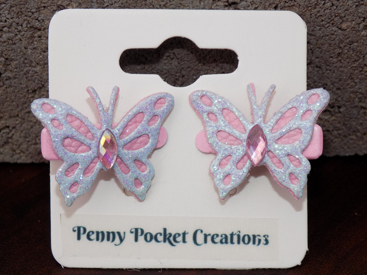 Leather Small Pointed Butterfly Hair Clip Glitter Top Solid, Small Cutouts, Rhinestone Center (Copy)