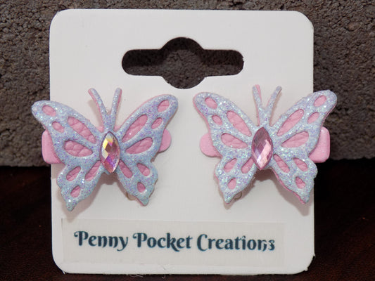 Leather Small Pointed Butterfly Hair Clip Glitter Top Solid, Small Cutouts, Rhinestone Center (Copy)