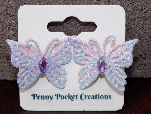 Leather Small Pointed Butterfly Hair Clip Glitter Top Solid, Small Cutouts, Rhinestone Center