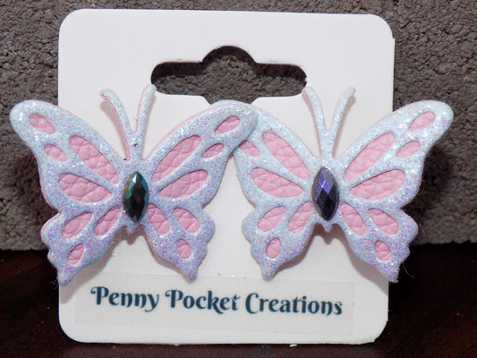 Leather Small Butterfly Hair Clip Glitter Top Solid Cutouts Rhinestone Center