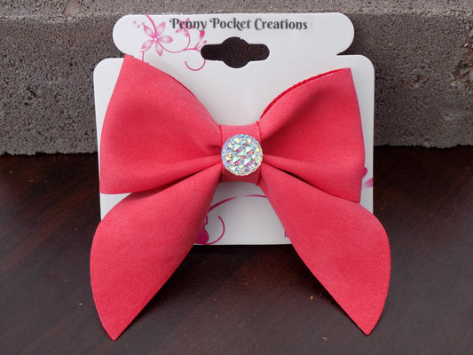 Soft Suede Large Single Hair Bow Round Sparkly Resin Center Silvery Barrette