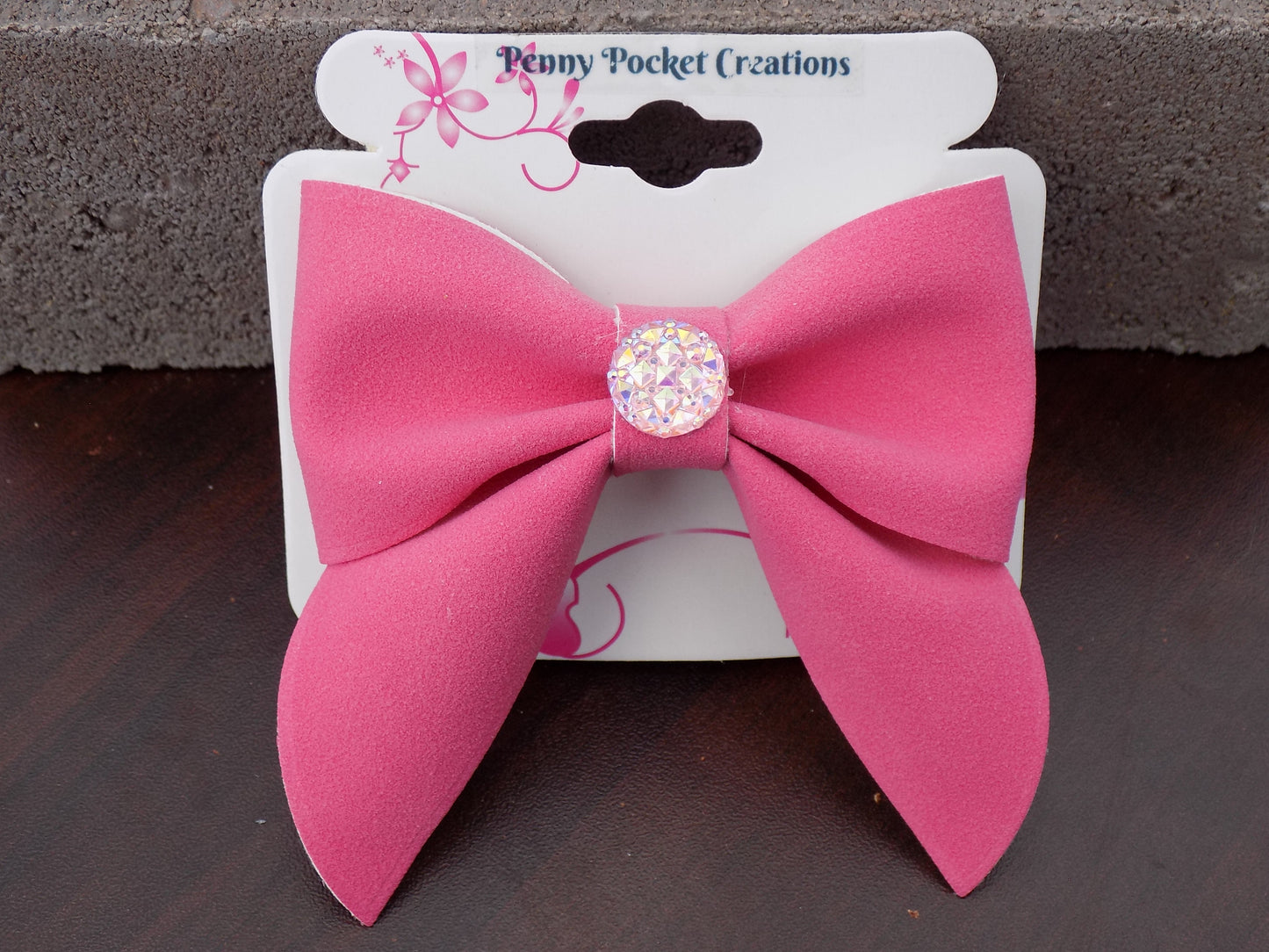 Soft Suede Large Single Hair Bow Round Sparkly Resin Center Silvery Barrette