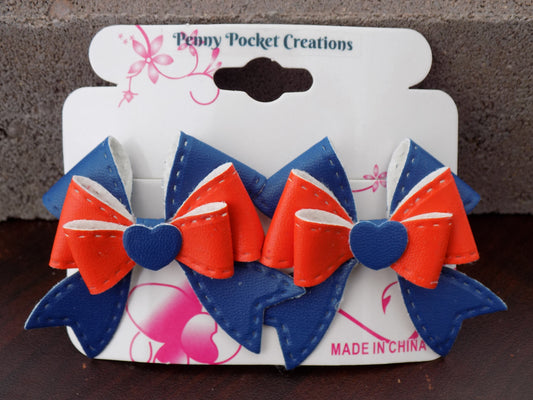 Leather 2-Laye r Bows over Contrast Bow Back Outward Bottom Tails Orange/Blue