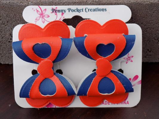 Leather 2-Layer Heart Cut-Out Hair Bow Heart-shape Back Orange/Blue