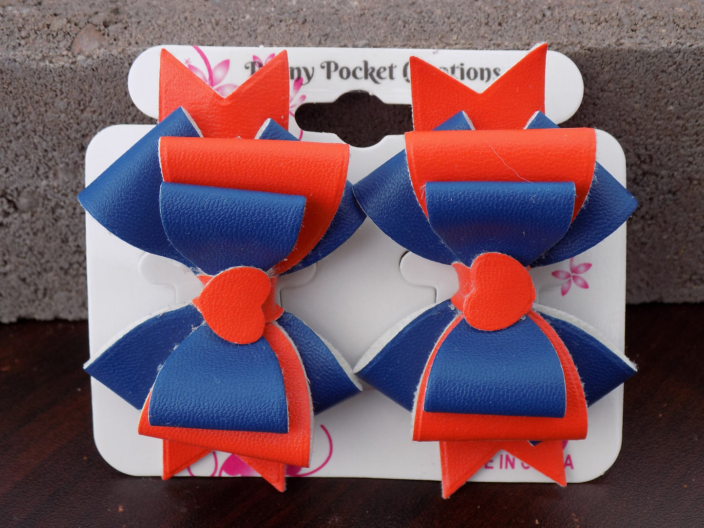 Leather Quad plus 2-Layer Hair Bow Heart centers on Ribbon Back Orange/Blue