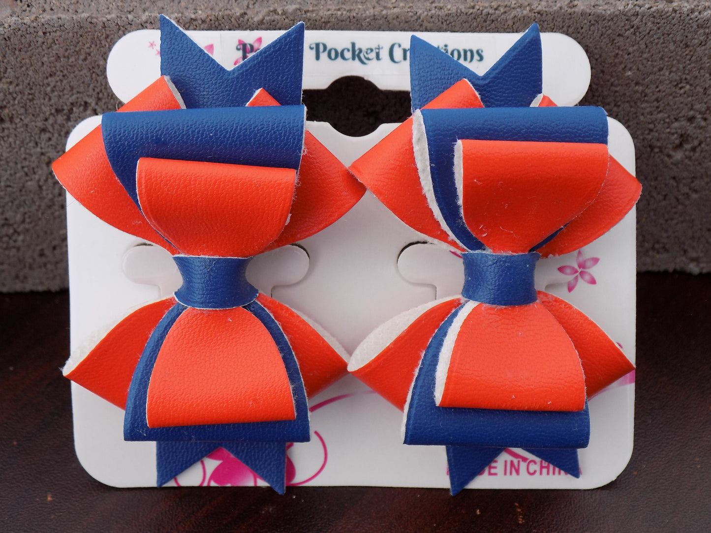 Leather Quad plus 2-Layer Hair Bow Heart centers on Ribbon Back Orange/Blue