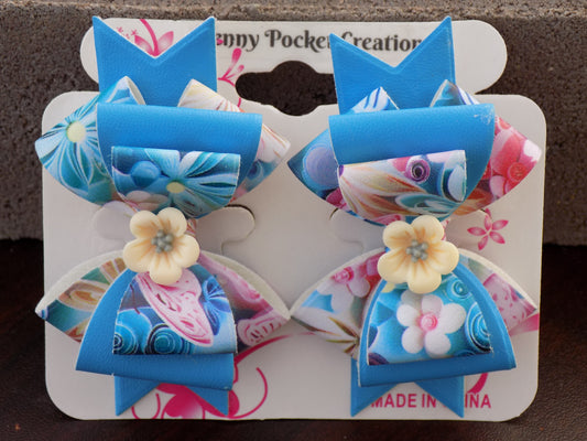 Leather Quad plus 2-Layer Bow with 3D Resin Flower on Ribbon Style Tail Back