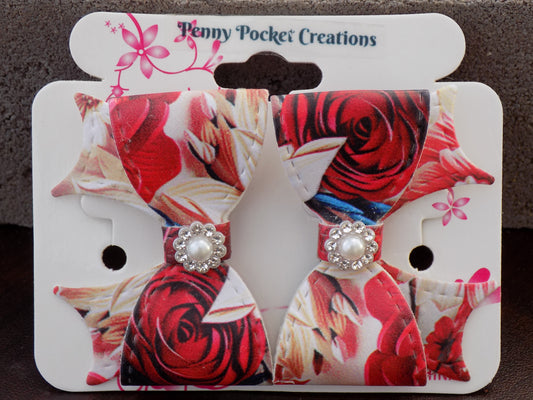 Leather Peek-A-Boo Bows with Rhinestone Pearl Center on Ribbon Style Tail Back