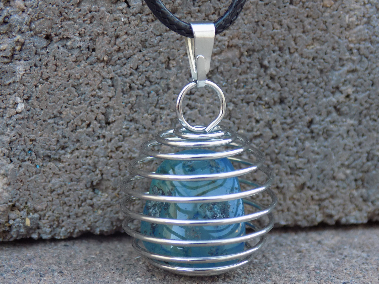 Wire Round Cage Pendant Natural Stone Md 3/4” dia. Black Leather Necklace