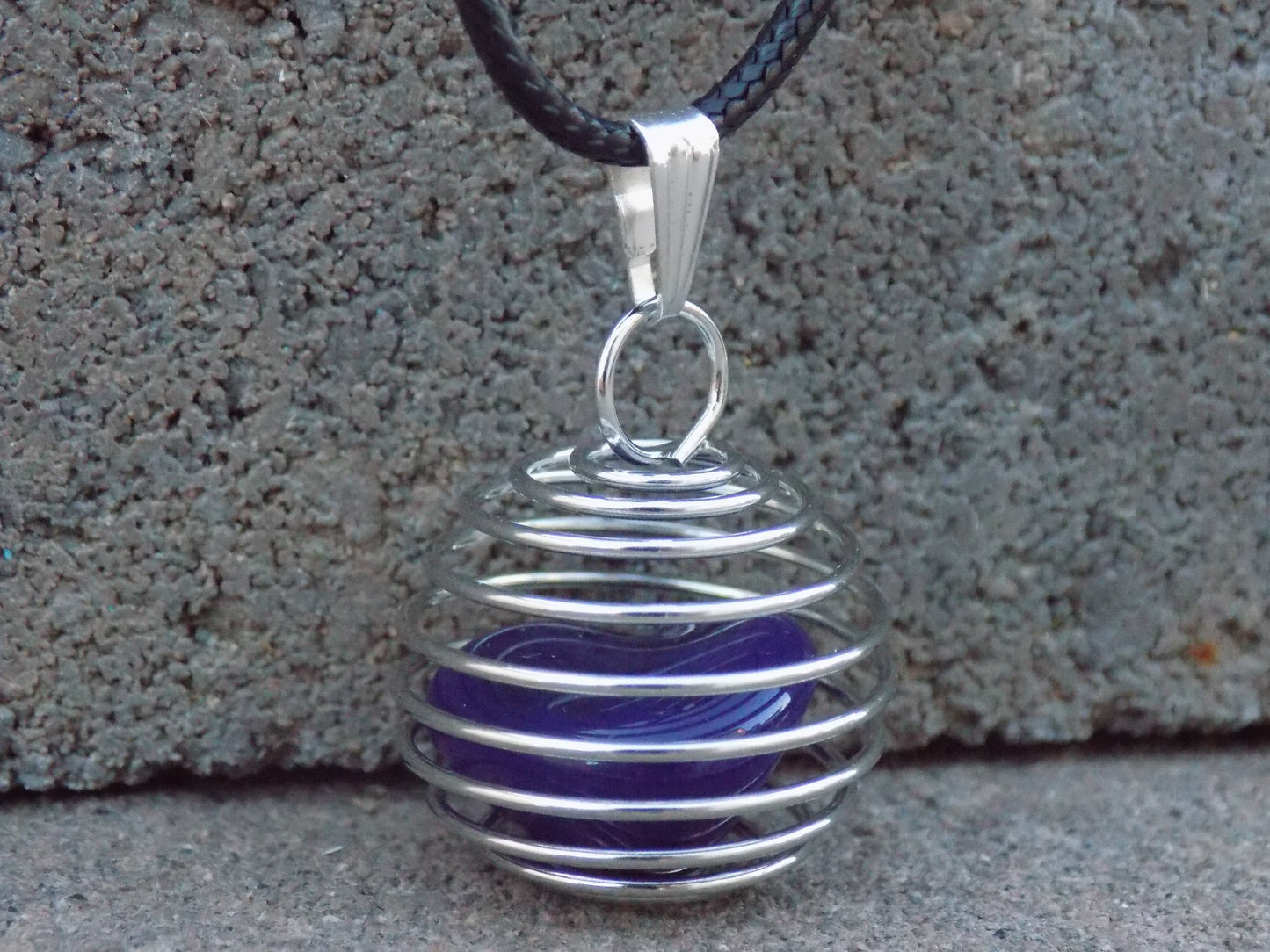 Wire Round Cage Pendant Natural Stone Md 3/4” dia. Black Leather Necklace