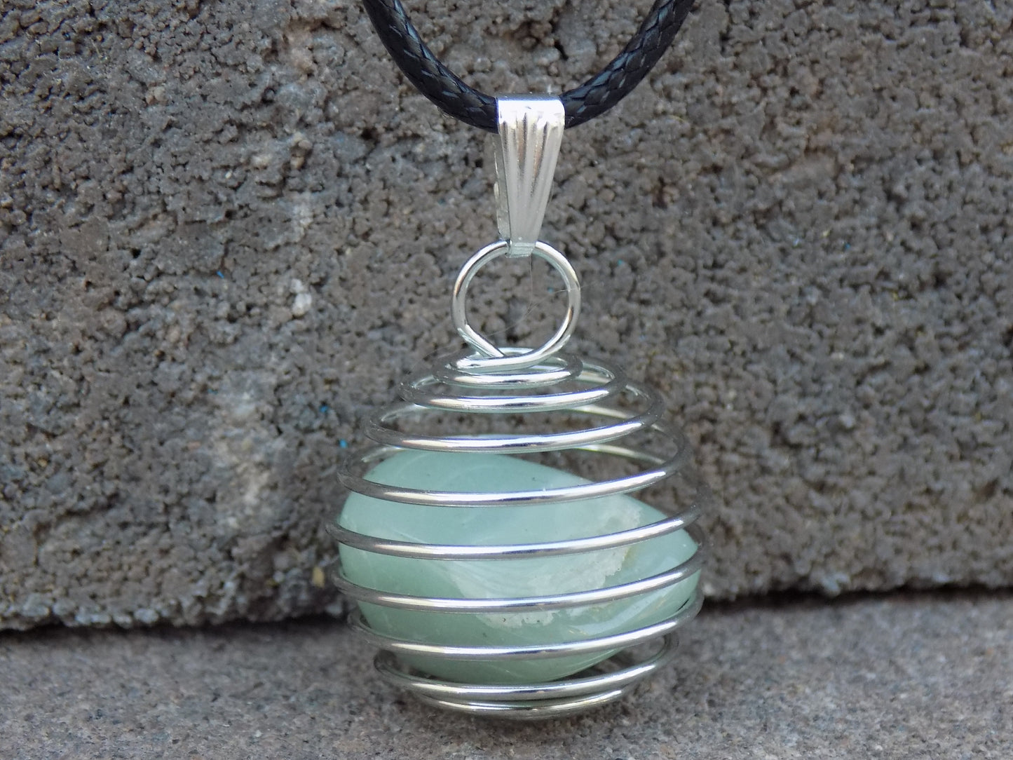Wire Round Cage Pendant Natural Stone Md 3/4” dia. Black Leather Necklace