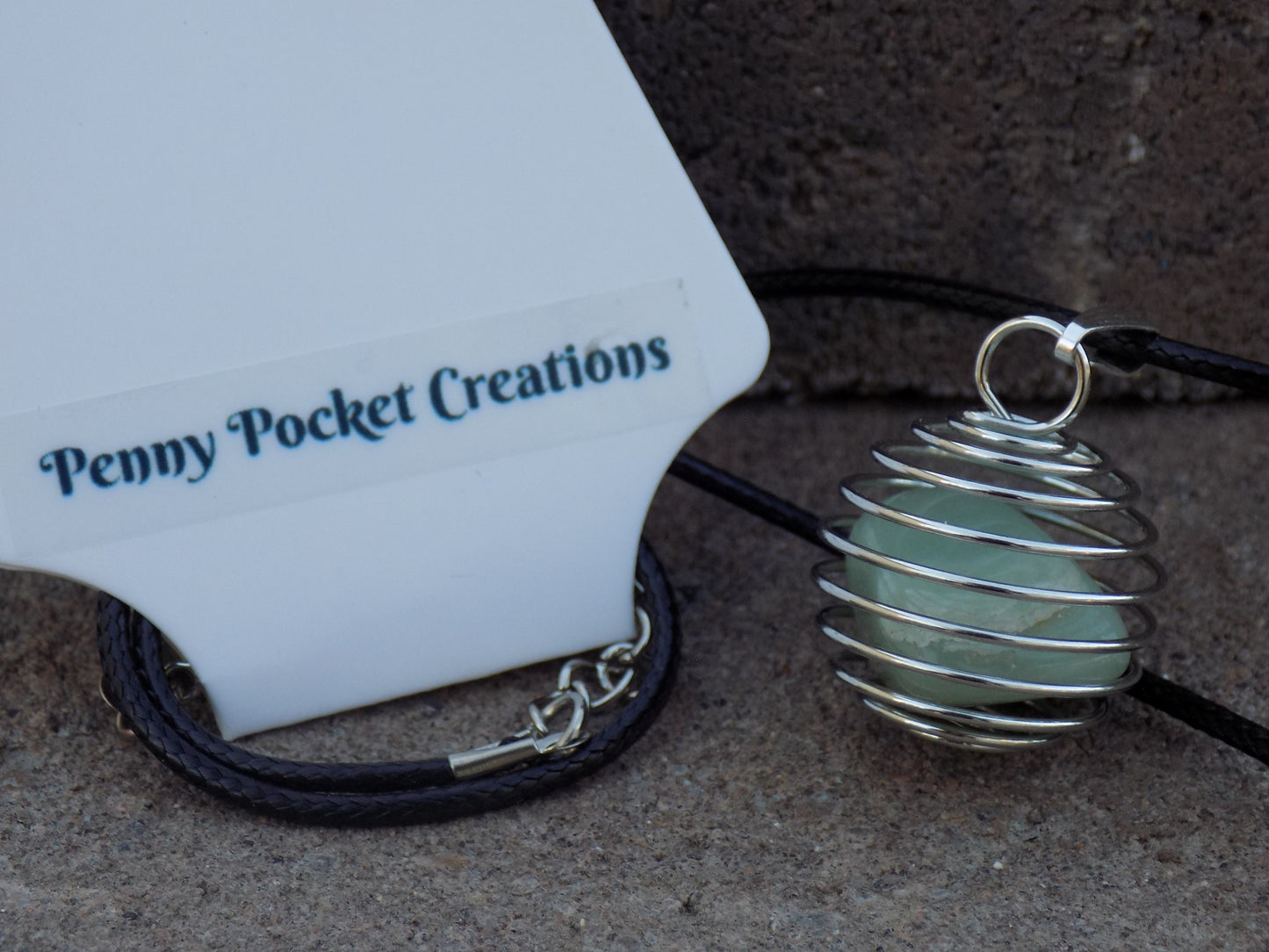 Wire Round Cage Pendant Natural Stone Filled Lg 1” dia. Leather Necklace 18+2”