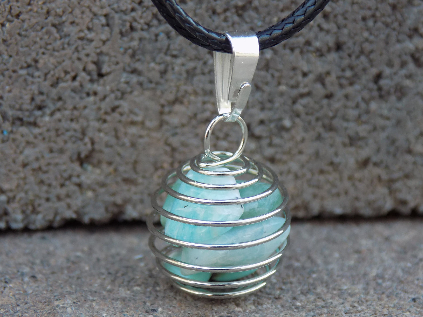 Wire Round Cage Pendant Stone SM 1/2” dia. Black Cord Necklace 17+2”