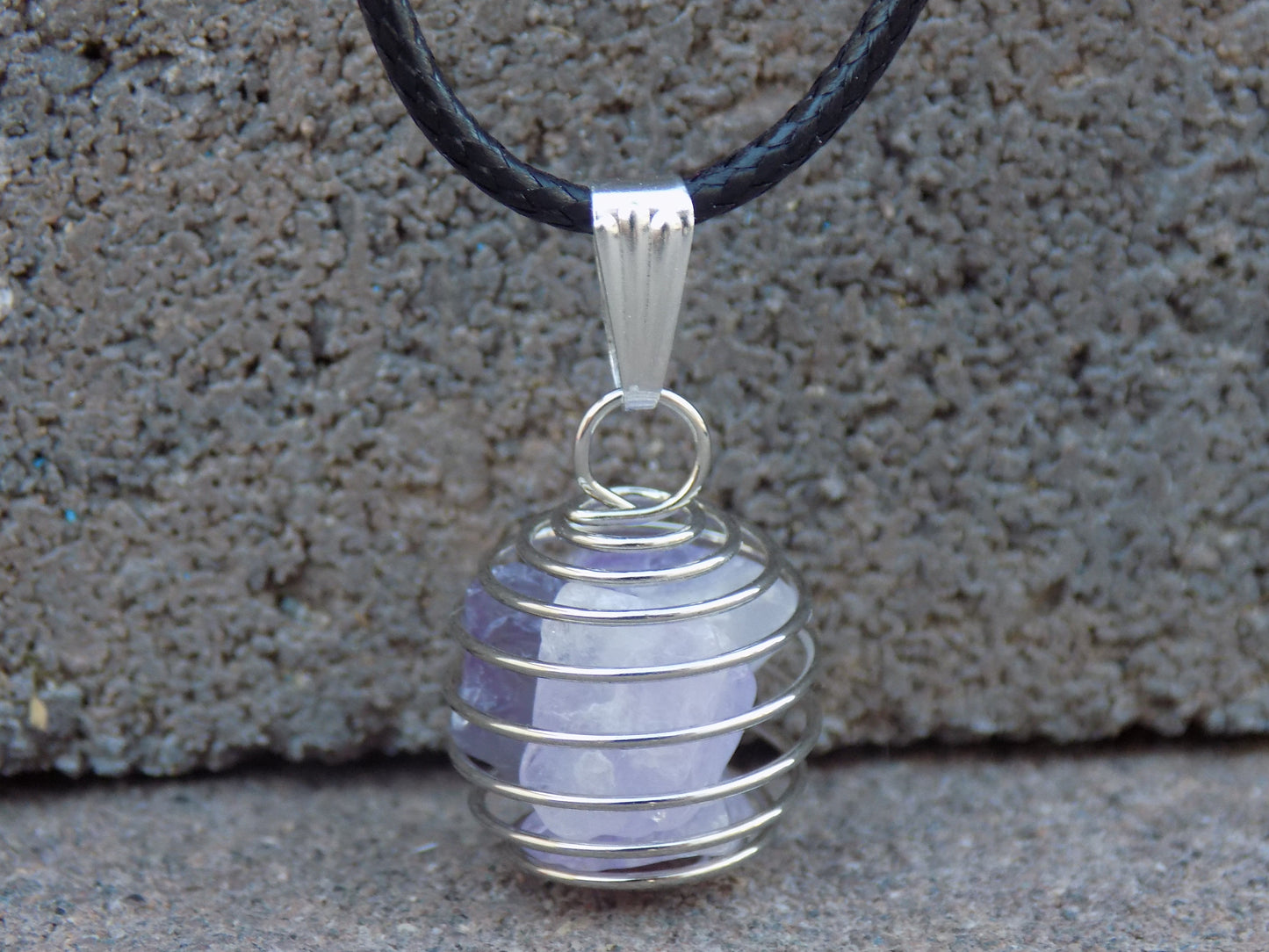 Wire Round Cage Pendant Stone SM 1/2” dia. Black Cord Necklace 17+2”