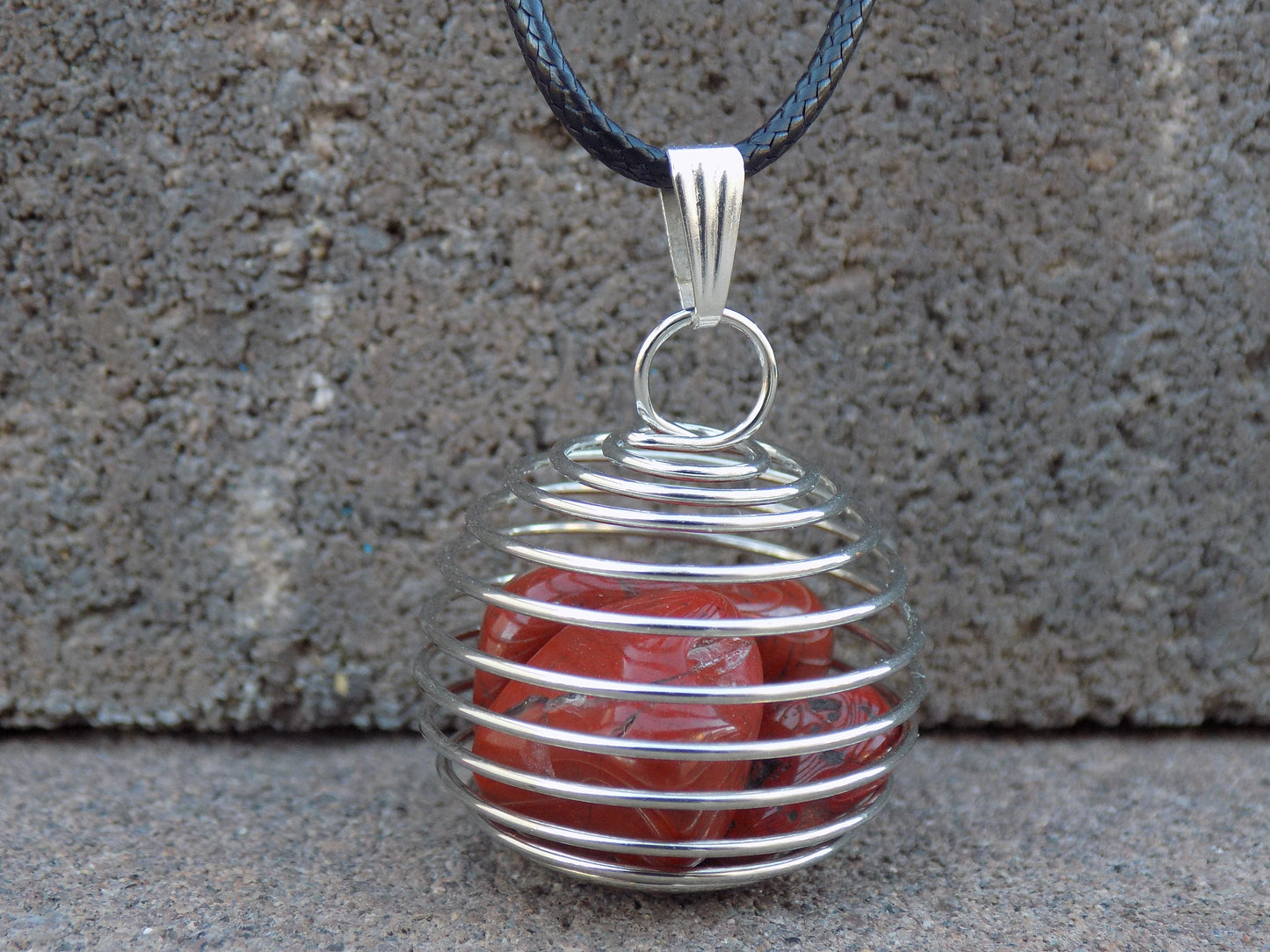 Wire Round Cage Pendant Natural Stone Filled Lg 1” dia. Leather Necklace 18+2”