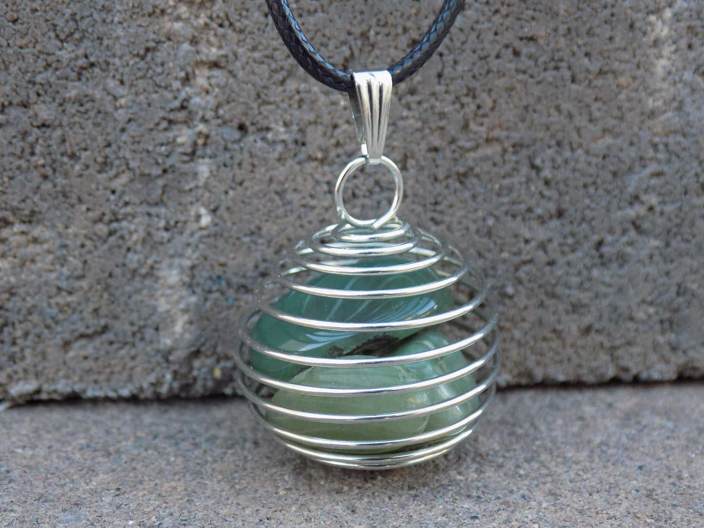 Wire Round Cage Pendant Natural Stone Filled Lg 1” dia. Leather Necklace 18+2”
