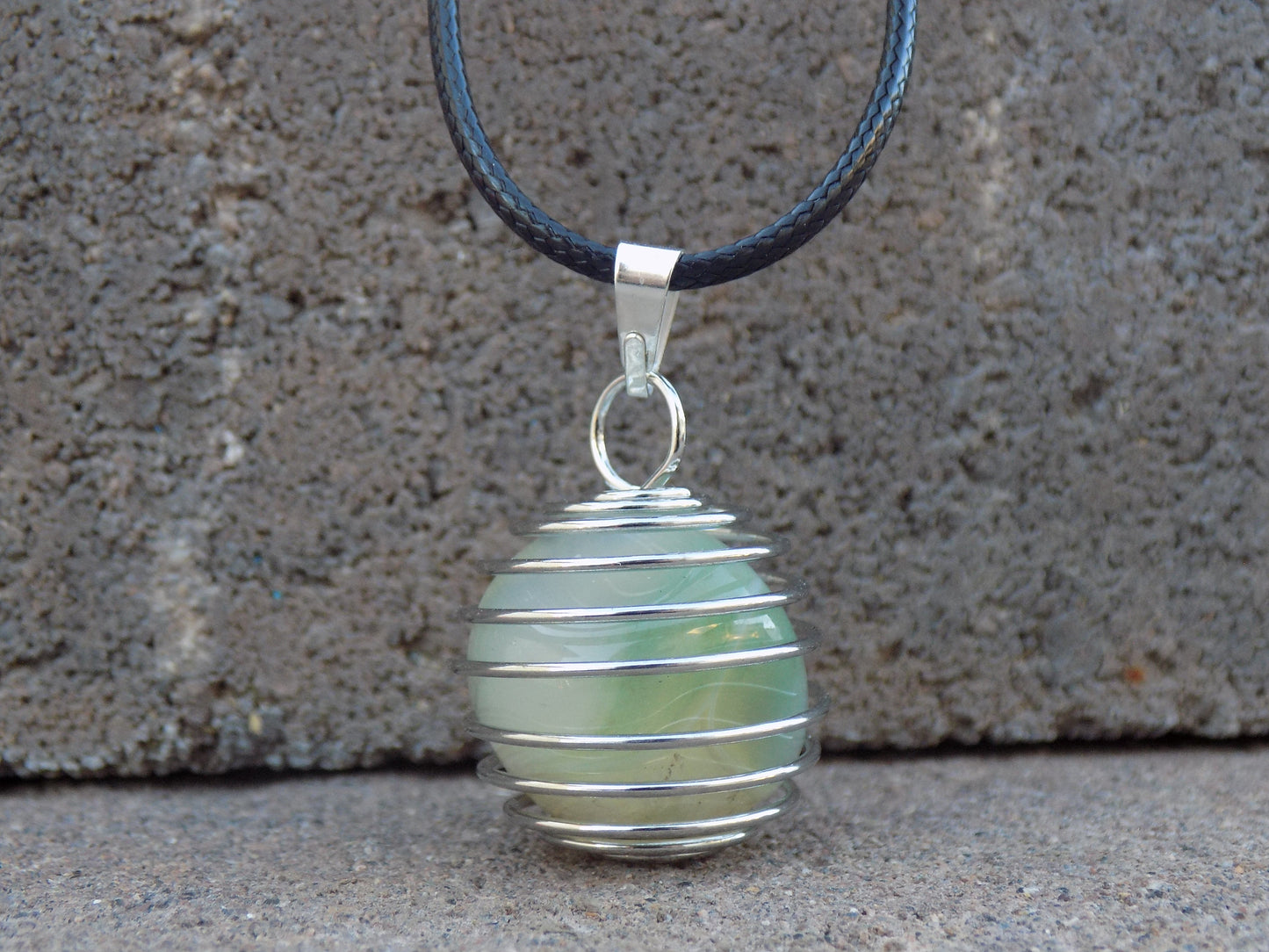 Wire Round Cage Pendant Natural Stone Md 3/4” dia. Black Leather Necklace