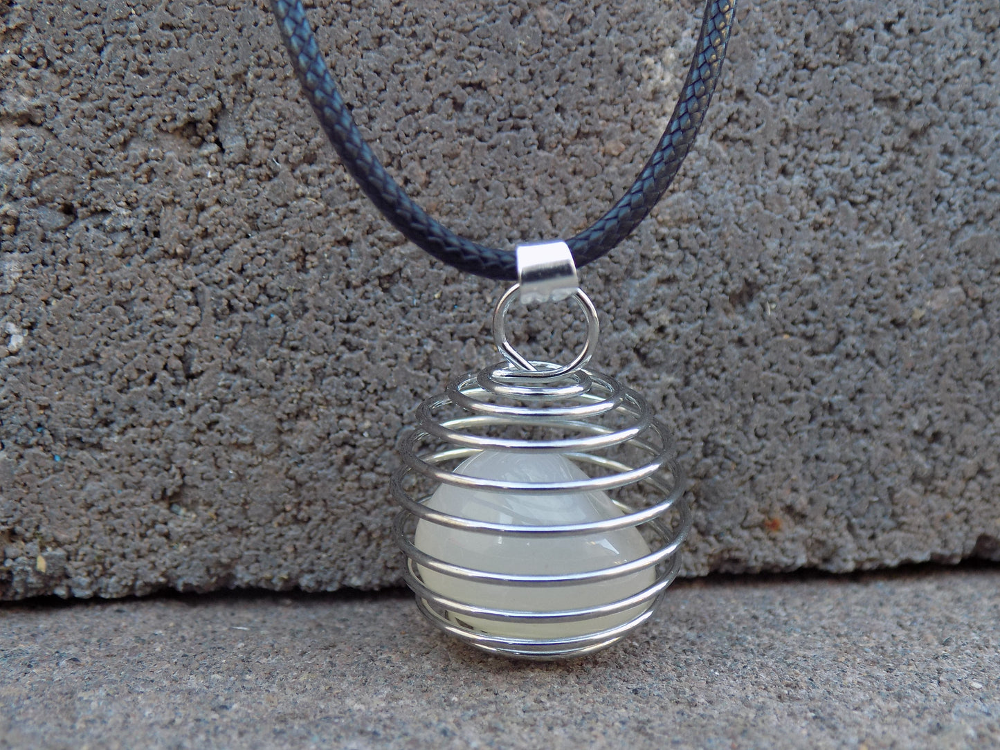 Wire Round Cage Pendant Natural Stone Md 3/4” dia. Black Leather Necklace