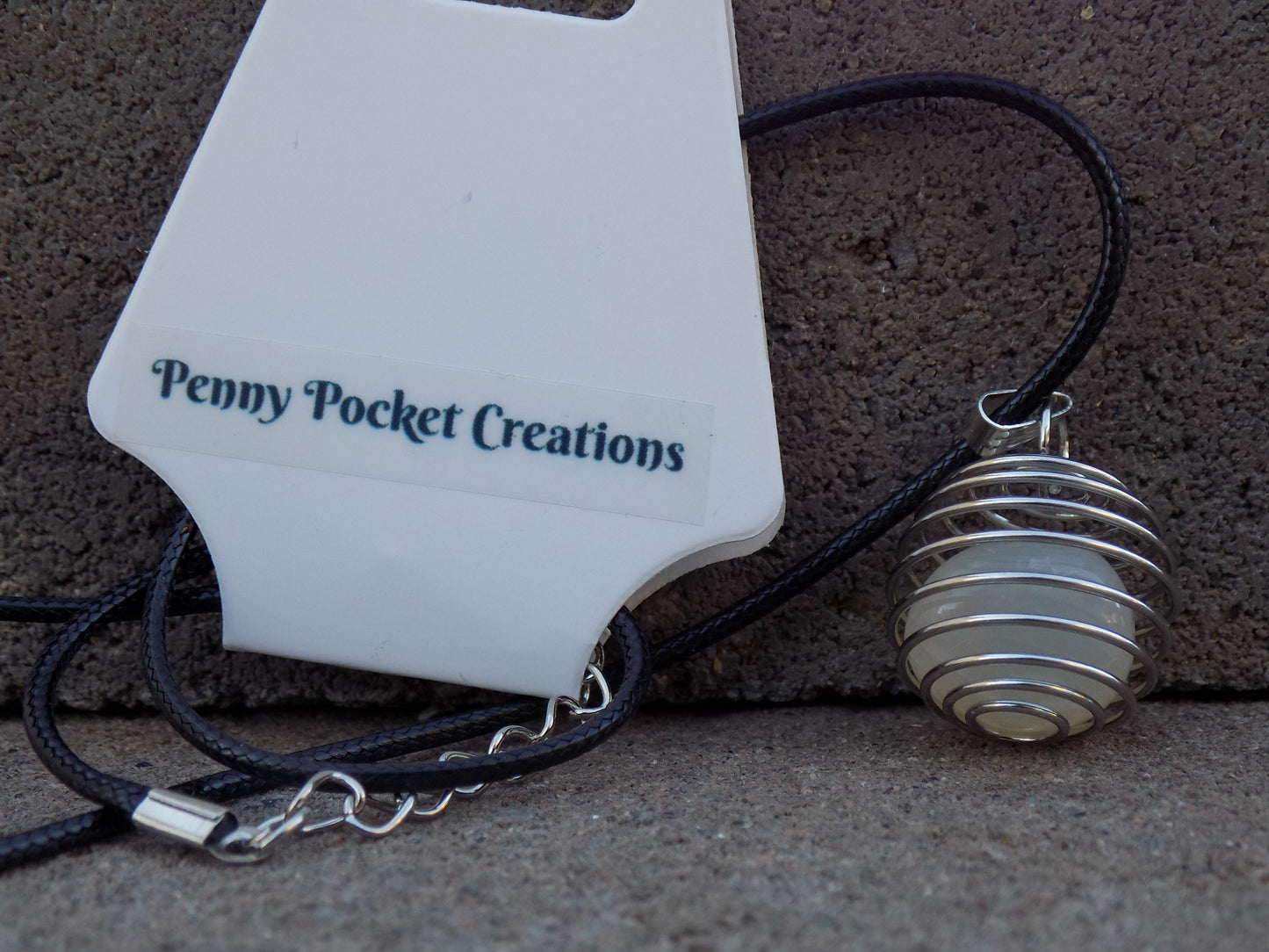 Wire Round Cage Pendant Natural Stone Md 3/4” dia. Black Leather Necklace