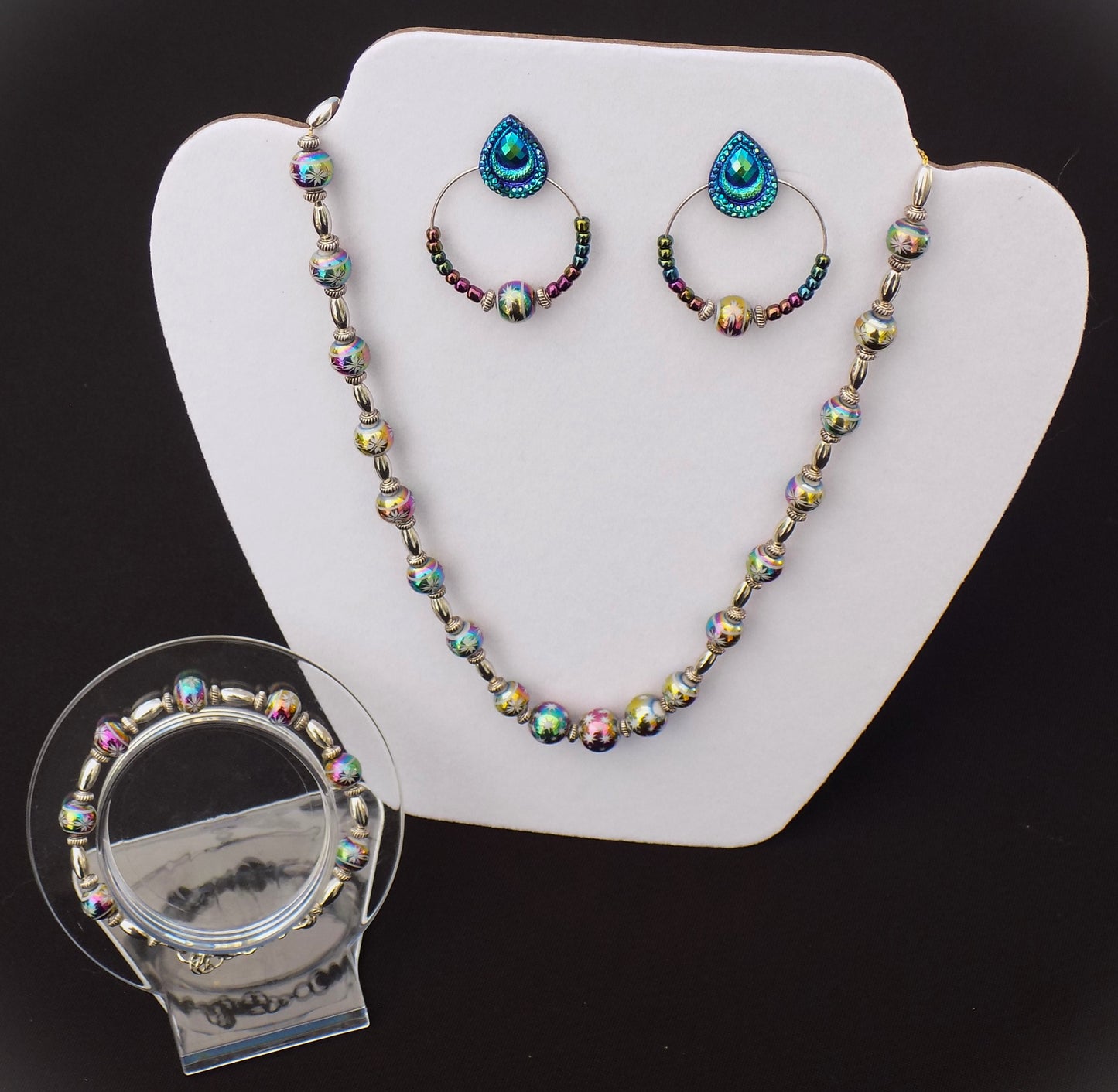 Rainbow Iridescent Beaded Jewelry Set - Four Piece