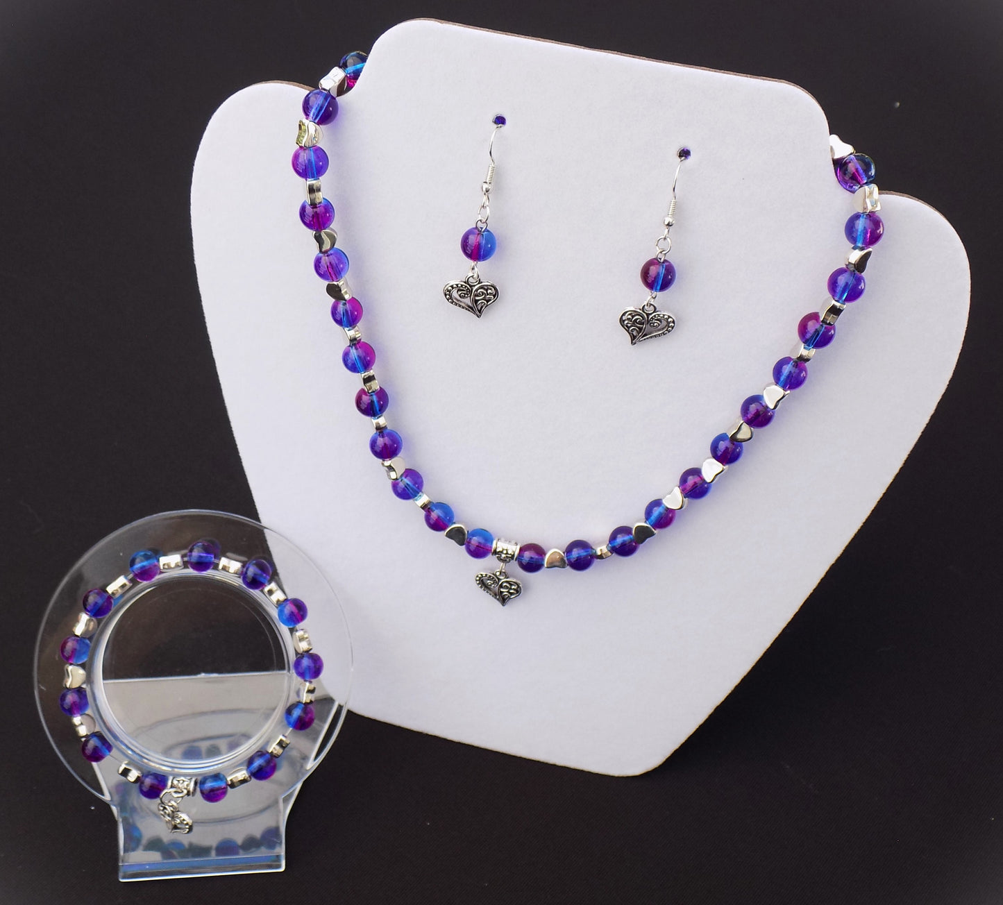 Silver Heart Pendants with Royal Blue/Purple Beads Jewelry Set - Four Piece