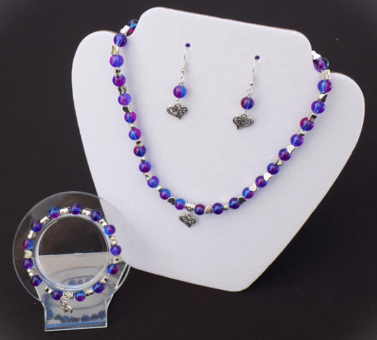 Silver Heart Pendants with Royal Blue/Purple Beads Jewelry Set - Four Piece