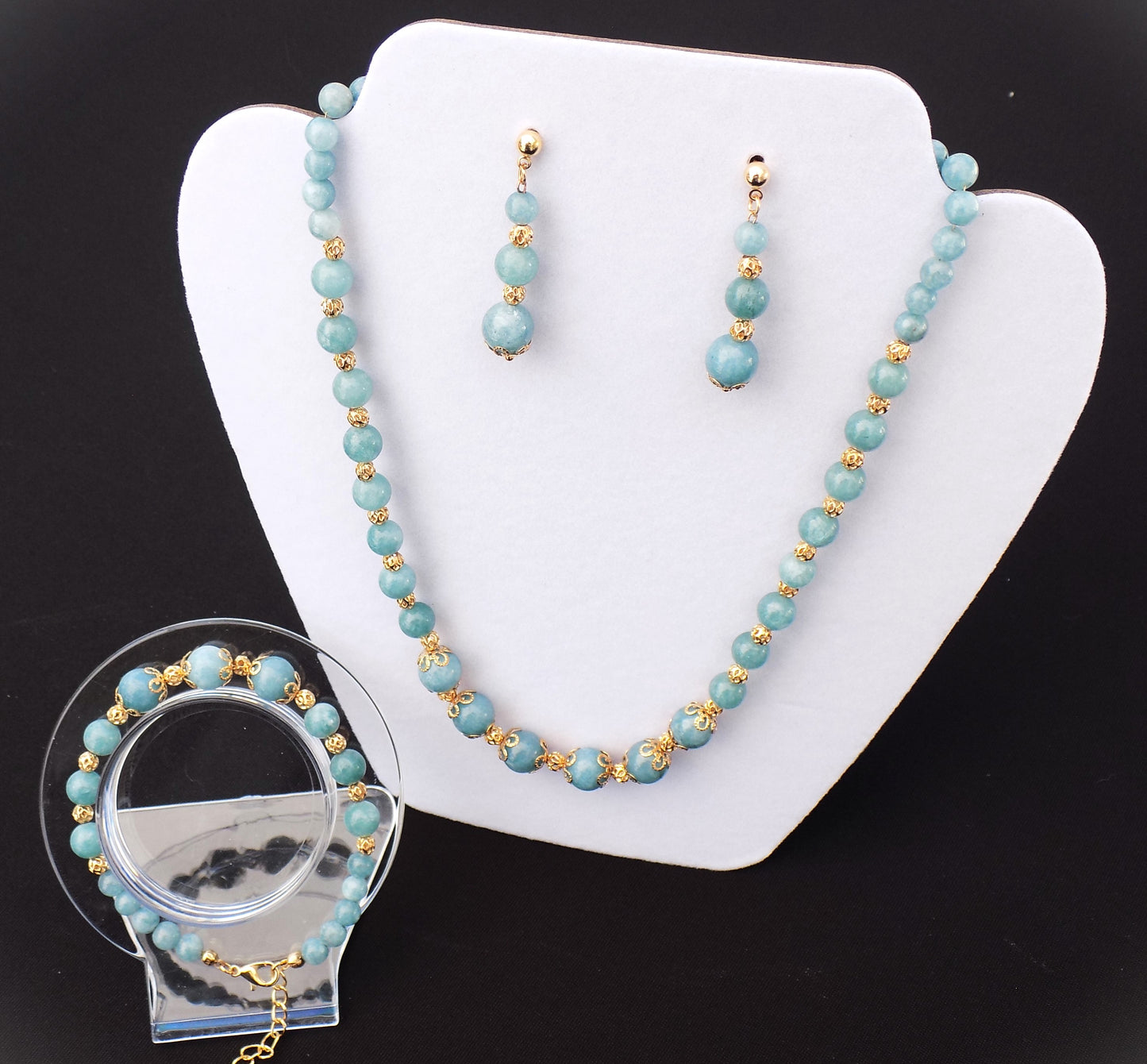 Pale Bluegreen Chalcedony Natural Stone Beads Jewelry Set - Four Piece