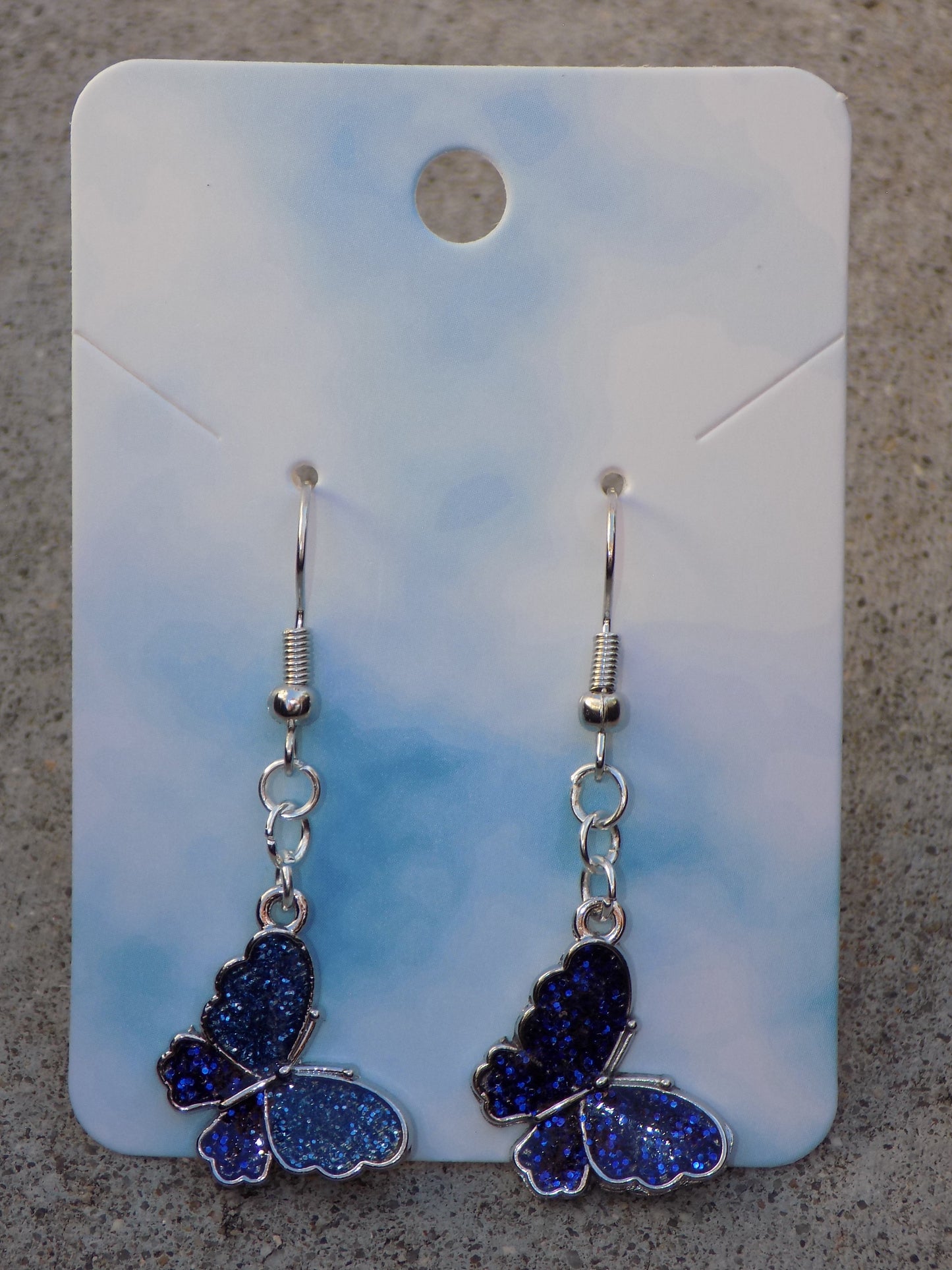 Silvery Butterfly Earrings Blue Glitter Resin Wings