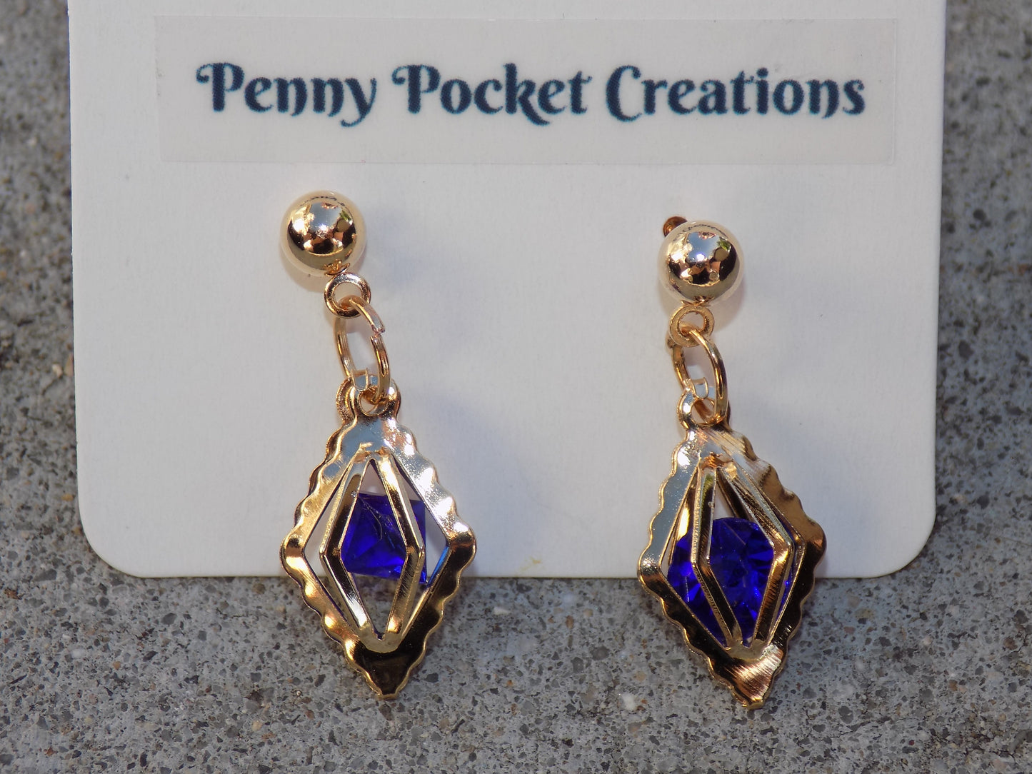 Golden 3D Diamond Shaped Gem Frame Ball Post Drop Earrings