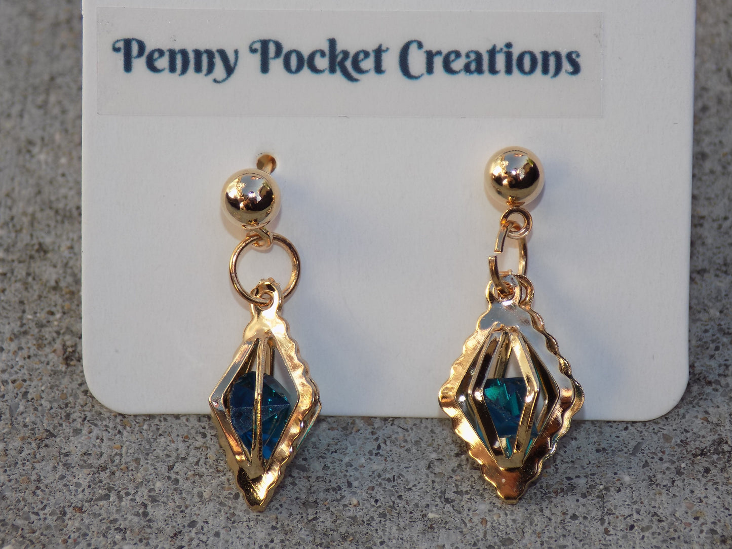 Golden 3D Diamond Shaped Gem Frame Ball Post Drop Earrings