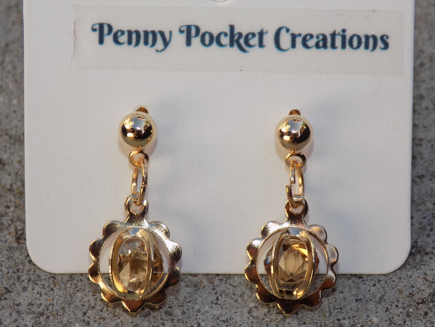 Golden 3D Flower Shaped Gem Frame Ball Post Drop Earrings
