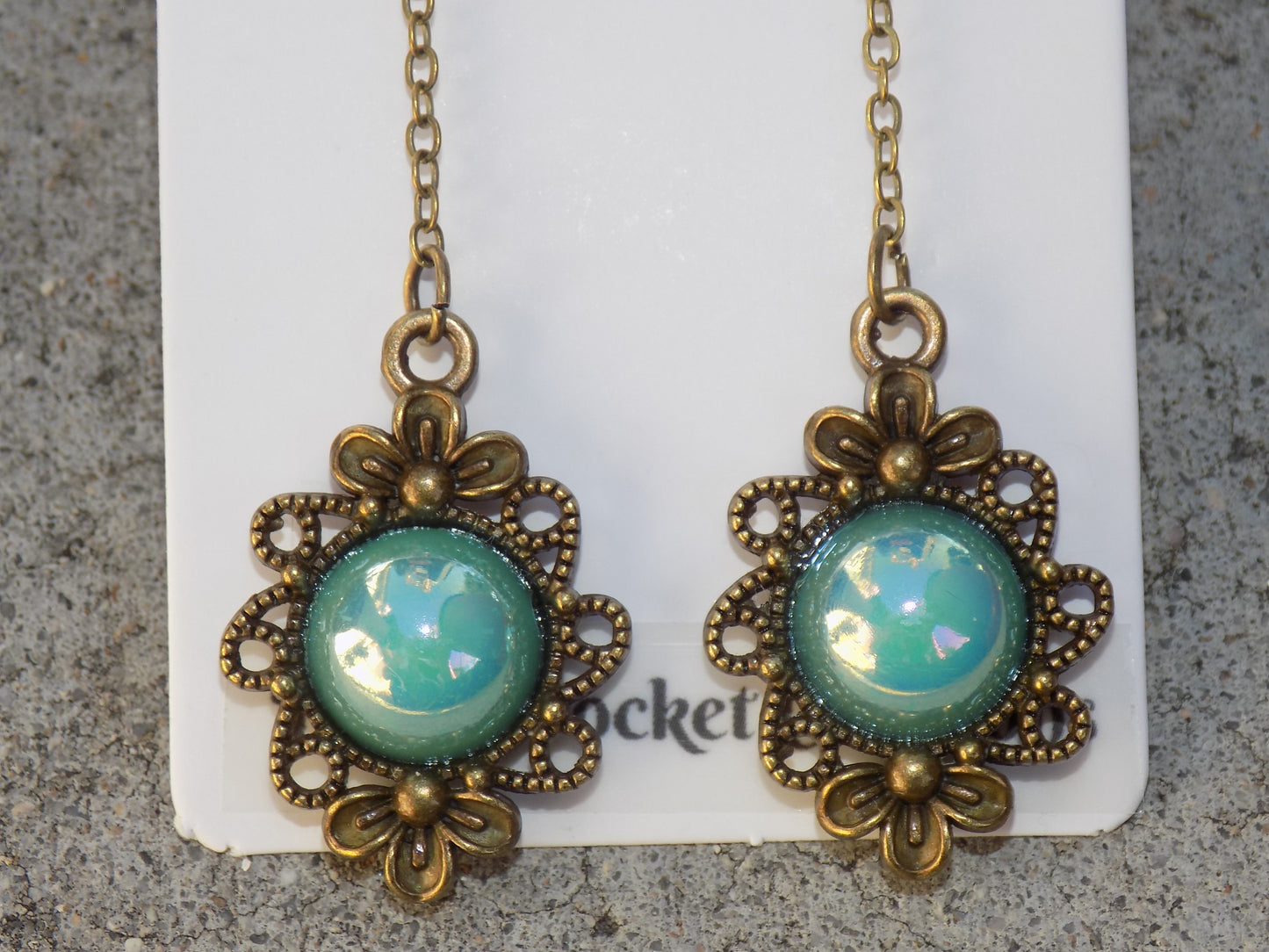 Antique Bronze Dangle Earrings Pearlescent Resin 12mm Round Flatback in Filigree Bezels