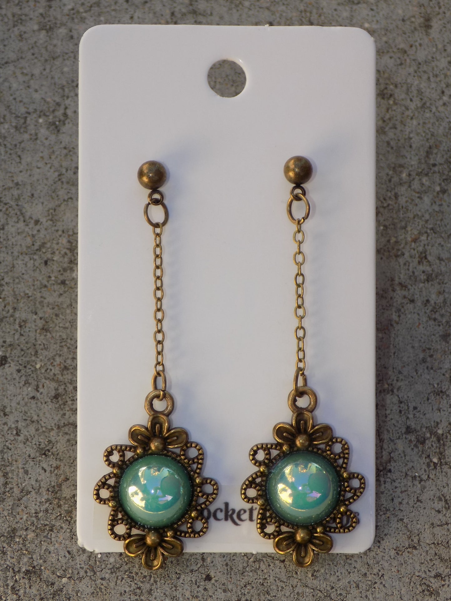 Antique Bronze Dangle Earrings Pearlescent Resin 12mm Round Flatback in Filigree Bezels