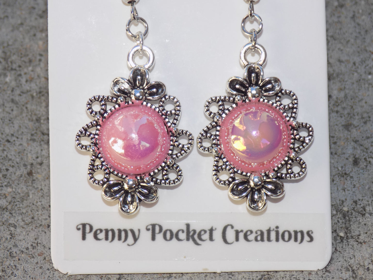 Antique Silvery Filigree Bezel Dangle Earrings 12mm Resin Cabachons