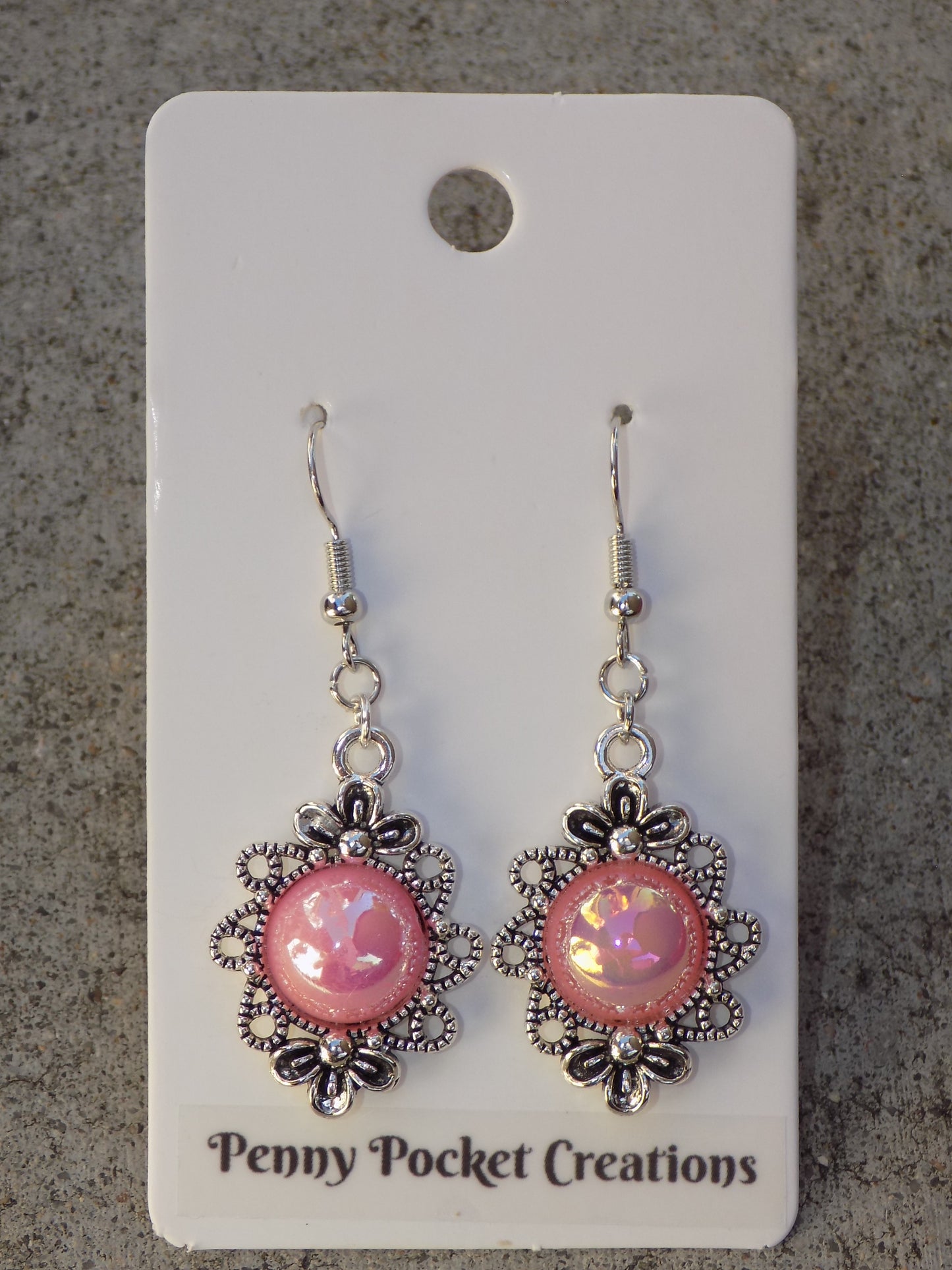 Antique Silvery Filigree Bezel Dangle Earrings 12mm Resin Cabachons