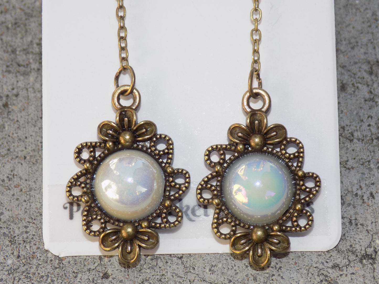 Antique Bronze Dangle Earrings Pearlescent Resin 12mm Round Flatback in Filigree Bezels