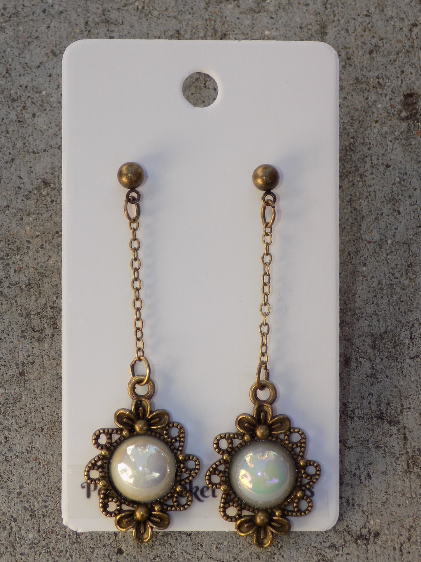 Antique Bronze Dangle Earrings Pearlescent Resin 12mm Round Flatback in Filigree Bezels