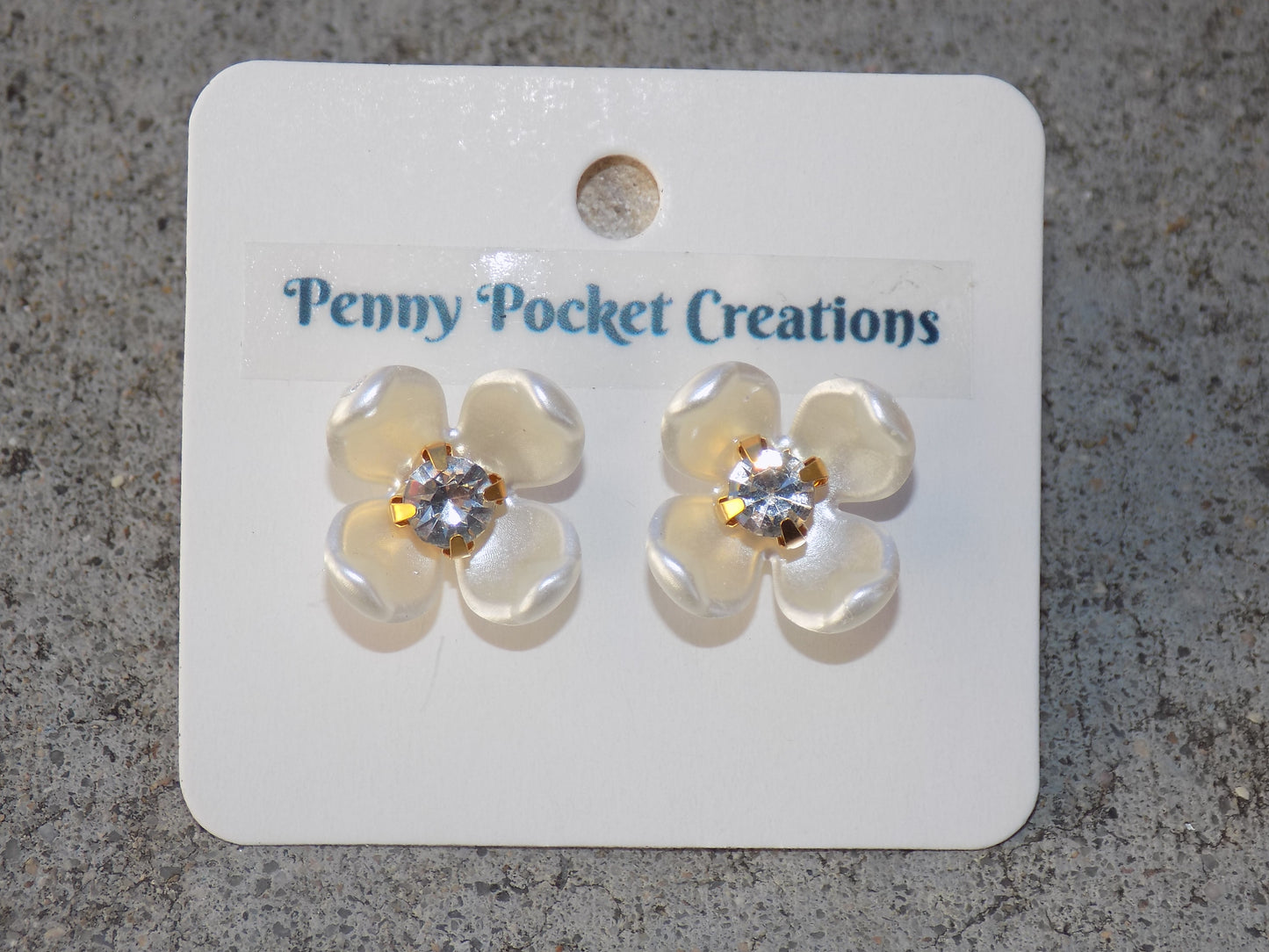 Earrings Ivory 15mm Resin 4-Petal Flower Clear Zircon Center