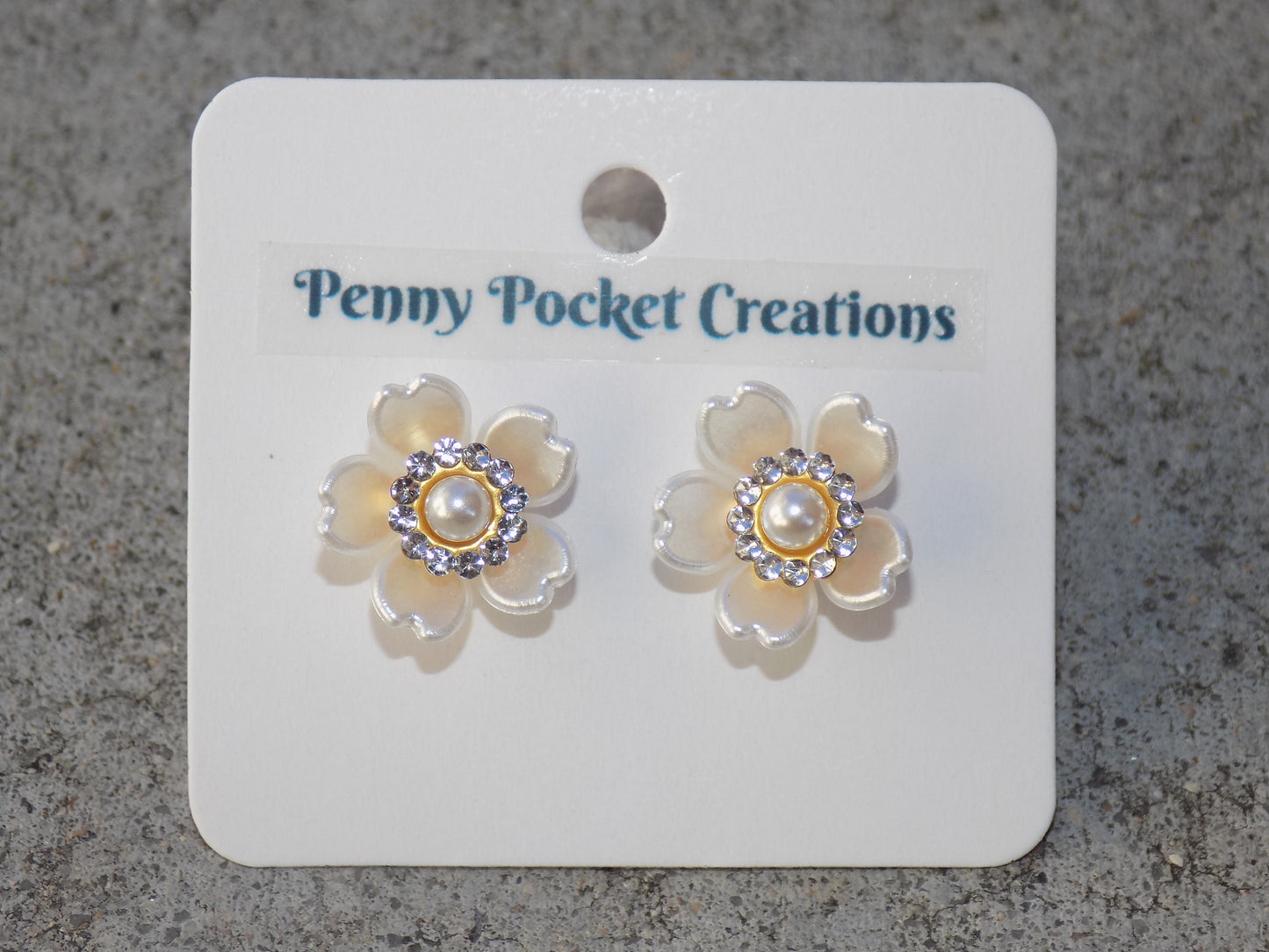 Earrings Ivory 14mm Resin 5-Petal Flower Clear Rhinestone Border around Pearl Center
