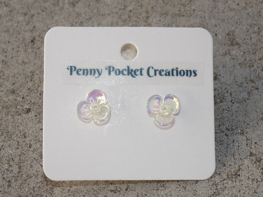 Translucent AB 3-Petal Flower 2mm Bead Center Stainless Steel Post Earrings